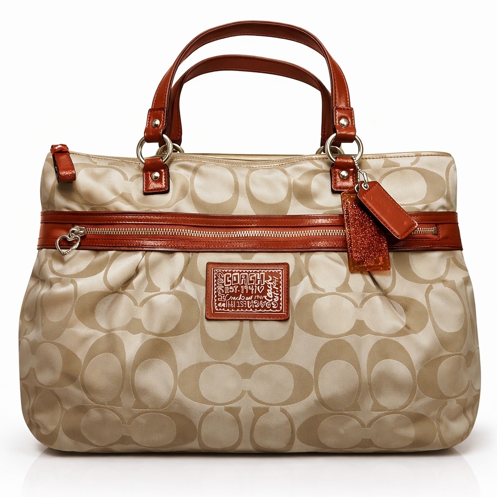 Coach Poppy Signature Satchel Beige Tan Cherry Red Patent Leather Tote Bag EUC